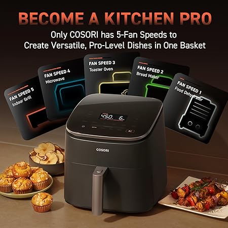 COSORI Air Fryer 9-in-1, Compact & Large 6-Qt, Fast Turbo Modes, 90ā450°F Precise Heat for Even Results, Up to 95% Less Oil*, Roast, Bake, Dry, Reheat, Frozen, Broil, Proof, 120V, TurboBlaze, Grey