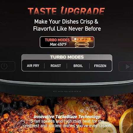 COSORI Air Fryer 9-in-1, Compact & Large 6-Qt, Fast Turbo Modes, 90ā450°F Precise Heat for Even Results, Up to 95% Less Oil*, Roast, Bake, Dry, Reheat, Frozen, Broil, Proof, 120V, TurboBlaze, Grey